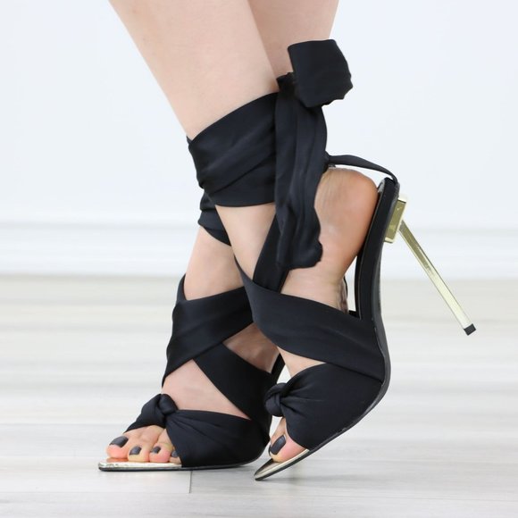 Black Open pointed Toe High Heel Ankle Strap Fabric Gold Needle Heel - Picture 10 of 12